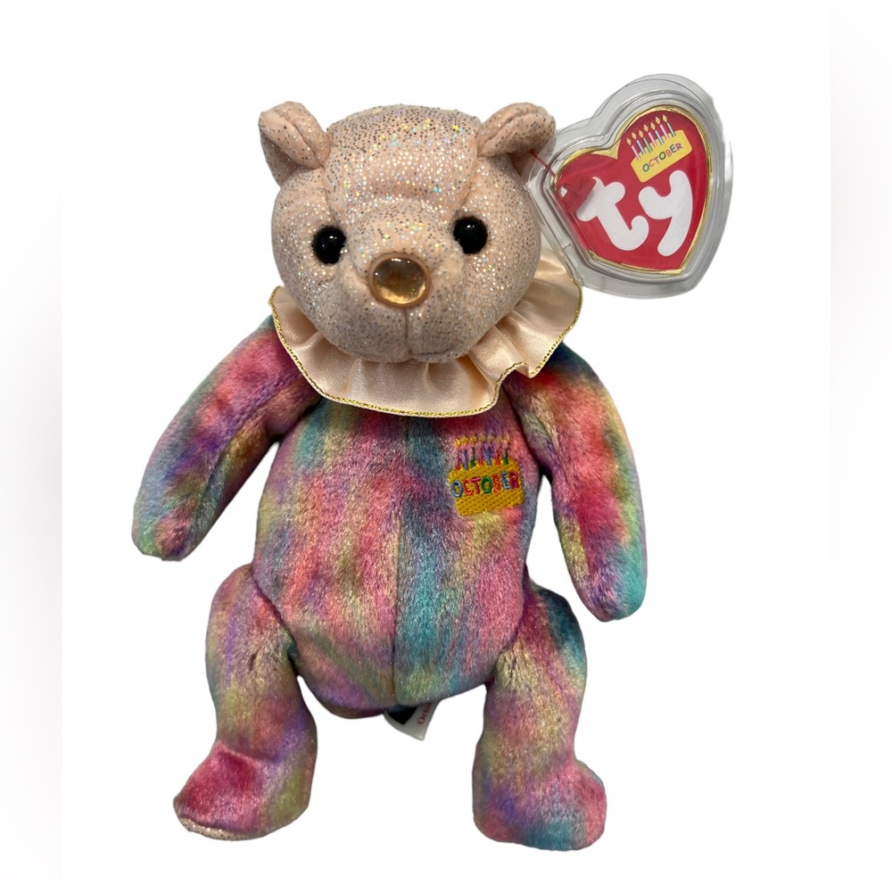 Original New Vintage Ty Beanie Baby October Happy Birthday Bear Rainbow Colors
